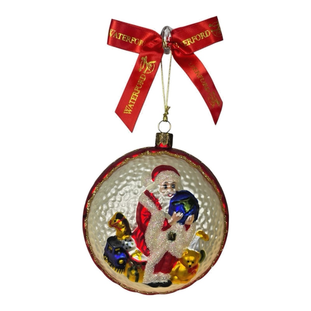 Waterford Holiday Heirlooms Santa Claus Glass Ball Ornament‎ Red Ribbon 2003 VTG